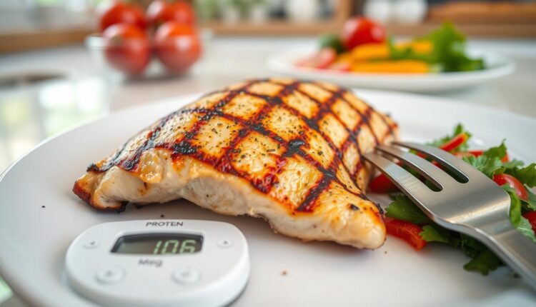 Quanto de proteína tem 100 g de frango grelhado